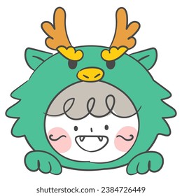 A character dressed in a blue dragon costume.