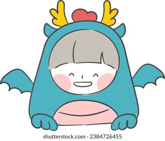 A character dressed in a blue dragon costume.