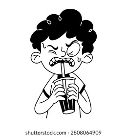 A character drinking a bad drink, hand drawn style illustration