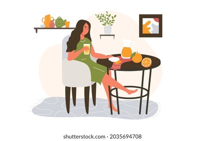 Character drinks orange juice. Woman sitting at table and holding glass with fresh fruit smoothie in hands. Healthy drink with vitamins. Cartoon flat vector illustration isolated on white background