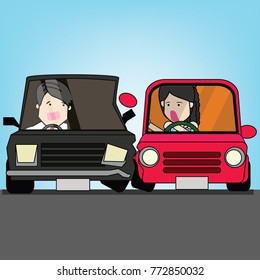 character driven car until side hit opposite another personal car. flat vector illustration concept.