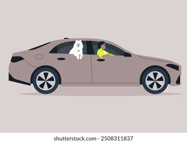 A character drives a sedan with their white Samoyed dog happily peering out the back window