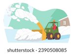 Character Driving Snowplow Machine. Snowblower Roars To Life, Sending Plumes Of White Snow Into The Air, As It Efficiently Clears A Path, Transforming A Winter Wonderland. Cartoon Vector Illustration