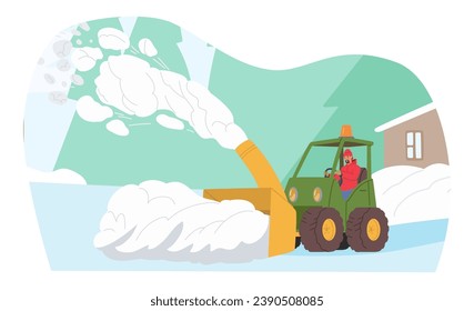 Character Driving Snowplow Machine. Snowblower Roars To Life, Sending Plumes Of White Snow Into The Air, As It Efficiently Clears A Path, Transforming A Winter Wonderland. Cartoon Vector Illustration