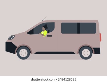 A character is driving a van on a dusty road, they are wearing a green shirt and is looking straight ahead