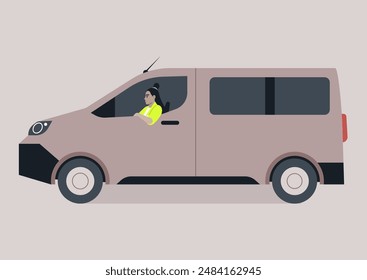 A character is driving a van on a dusty road, they are wearing a green shirt and is looking straight ahead