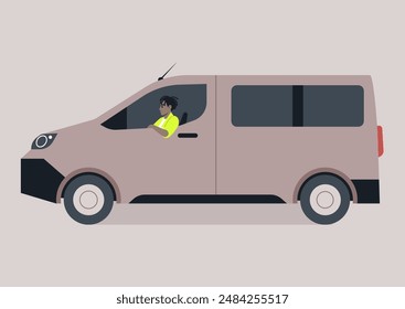 A character is driving a van on a dusty road, they are wearing a green shirt and is looking straight ahead