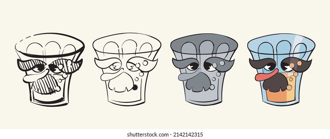 Character a drunken glass of whiskey sketch,lineart,colorless and colored. Stages of drawing coloring book vintage toons: funny character, vector illustration trendy classic retro cartoon style 30s.