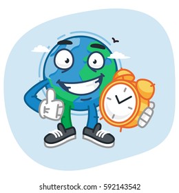 Character Earth Holding Clock and Showing Thumbs Up. Vector Illustration. Mascot Character.