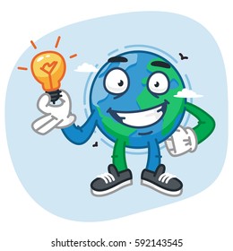 Character Earth Holding Light Bulb. Vector Illustration. Mascot Character.