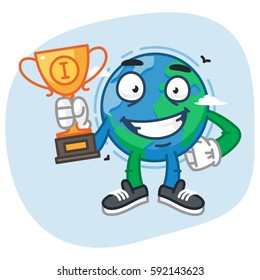 Character Earth Holds Cup. Vector Illustration. Mascot Character.