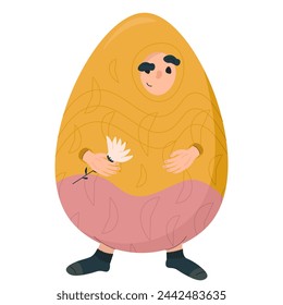 The character in the Easter Egg costume. Man in socks and yellow big egg. Modern vector illustration minimal style.