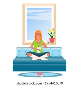 The Character Is Eating Dessert On The Couch. House, Furniture. The Concept Of Spending Time At Home Alone On Weekends, On Vacation, In Quarantine. White Background.