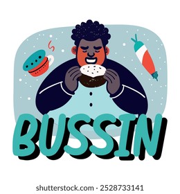 A character eating food with bussin typography, flat sticker