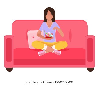 The character is eating ice cream ' while sitting on the couch. Close-up. Cartoon style. White background.