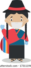 Character from Ecuador dressed in the traditional way and with surgical mask and latex gloves as protection against a health emergency