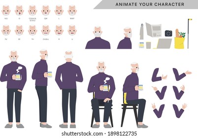 Character for elderly character animated with emotions face and animation mouths.