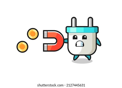 el carácter de enchufe eléctrico sostiene un imán para capturar las monedas de oro, diseño de estilo lindo para camiseta, pegatina, elemento logo