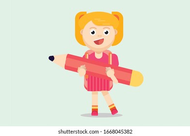 A character of an elementary girl carries a big pencil, school theme. Simple character vector illustration, this illustration can use as a sticker also.