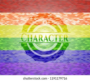 Character emblem on mosaic background with the colors of the LGBT flag