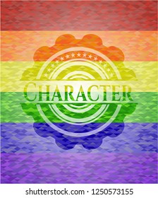 Character emblem on mosaic background with the colors of the LGBT flag