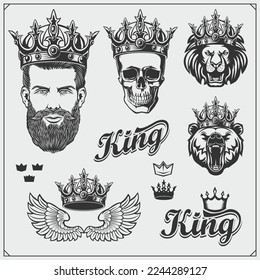Character emblems in the crown. Skull, man, lion and bear. Emblem of kings.