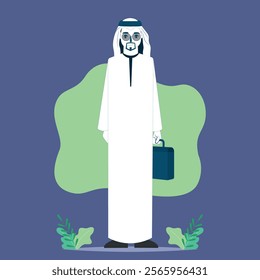 Character of an Emirati and Gulf man wearing a traditional dress Businessman carrying a bag