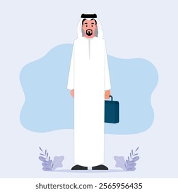 Character of an Emirati and Gulf man wearing a traditional dress Businessman carrying a bag