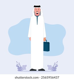 Character of an Emirati and Gulf man wearing a traditional dress Businessman carrying a bag