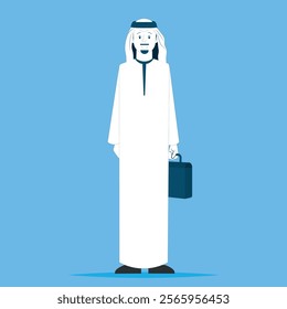 Character of an Emirati and Gulf man wearing a traditional dress Businessman carrying a bag