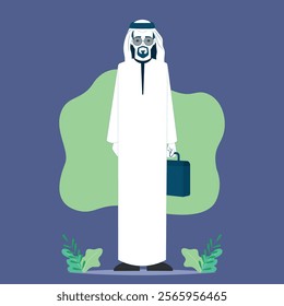 Character of an Emirati and Gulf man wearing a traditional dress Businessman carrying a bag