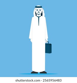 Character of an Emirati and Gulf man wearing a traditional dress Businessman carrying a bag