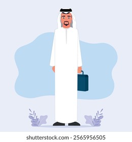 Character of an Emirati and Gulf man wearing a traditional dress Businessman carrying a bag