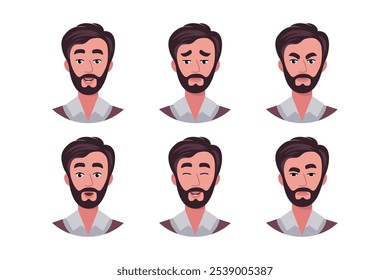 Character emotion set. A bearded man experiences joy, sadness, surprise, anger, laughter, suspicion, and astonishment. Vector illustration in a flat style