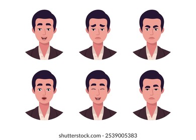 Character emotion set. A man experiences joy, sadness, surprise, anger, laughter, suspicion, and astonishment. Vector illustration in a flat style