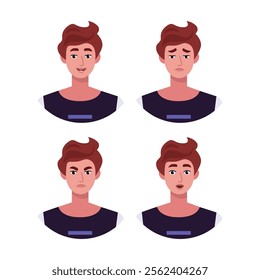 Character emotion set. A man experiences joy, sadness, surprise, anger, laughter, suspicion, and astonishment. Vector illustration in a flat style