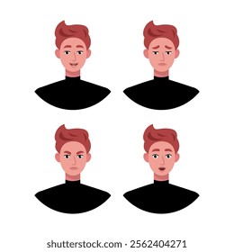 Character emotion set. A man experiences joy, sadness, surprise, anger, laughter, suspicion, and astonishment. Vector illustration in a flat style