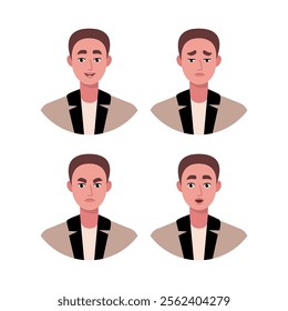 Character emotion set. A man experiences joy, sadness, surprise, anger, laughter, suspicion, and astonishment. Vector illustration in a flat style