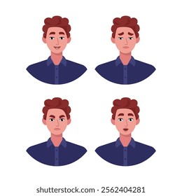 Character emotion set. A man experiences joy, sadness, surprise, anger, laughter, suspicion, and astonishment. Vector illustration in a flat style