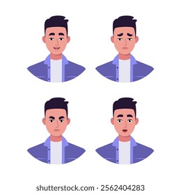 Character emotion set. A man experiences joy, sadness, surprise, anger, laughter, suspicion, and astonishment. Vector illustration in a flat style