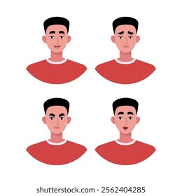 Character emotion set. A man experiences joy, sadness, surprise, anger, laughter, suspicion, and astonishment. Vector illustration in a flat style