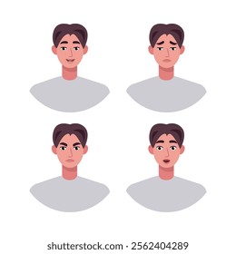 Character emotion set. A man experiences joy, sadness, surprise, anger, laughter, suspicion, and astonishment. Vector illustration in a flat style