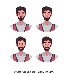 Character emotion set. A man experiences joy, sadness, surprise, anger, laughter, suspicion, and astonishment. Vector illustration in a flat style