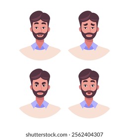 Character emotion set. A man experiences joy, sadness, surprise, anger, laughter, suspicion, and astonishment. Vector illustration in a flat style