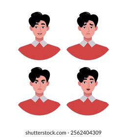 Character emotion set. A man experiences joy, sadness, surprise, anger, laughter, suspicion, and astonishment. Vector illustration in a flat style