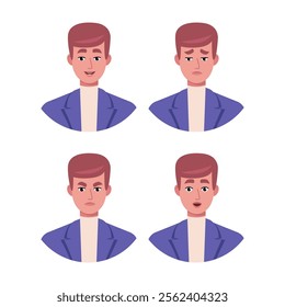 Character emotion set. A man experiences joy, sadness, surprise, anger, laughter, suspicion, and astonishment. Vector illustration in a flat style