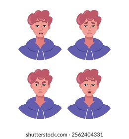 Character emotion set. A man experiences joy, sadness, surprise, anger, laughter, suspicion, and astonishment. Vector illustration in a flat style