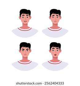 Character emotion set. A man experiences joy, sadness, surprise, anger, laughter, suspicion, and astonishment. Vector illustration in a flat style