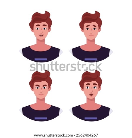 Character emotion set. A man experiences joy, sadness, surprise, anger, laughter, suspicion, and astonishment. Vector illustration in a flat style