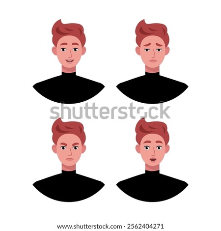 Character emotion set. A man experiences joy, sadness, surprise, anger, laughter, suspicion, and astonishment. Vector illustration in a flat style